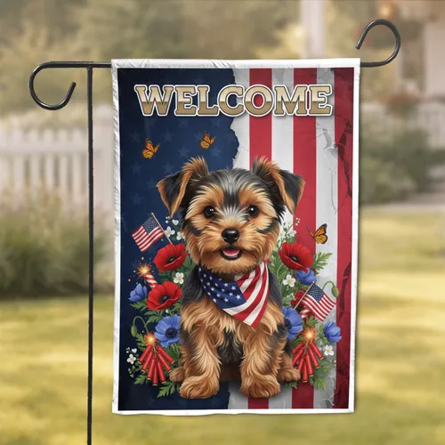 Yorkshire Terrier Puppy American Flag Welcome - Independence Day Gift for Dog Lover Garden Flag