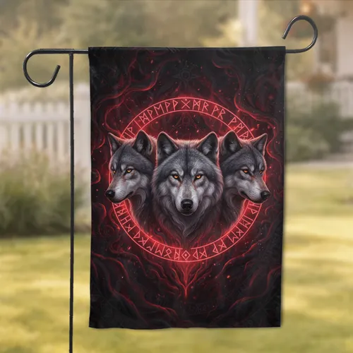 Three Grey Wolves Piercing Gaze Runic Circle Dark Fantasy Decor - Mystical Art Lover Gift Garden Flag