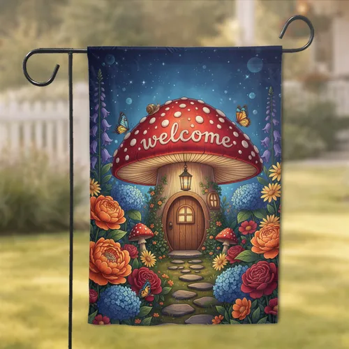 Welcome Mushroom House Enchanted Garden Night Sky - Home Decor Gift Garden Flag