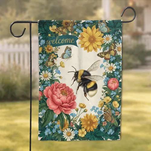 Bumblebee Vintage Floral Welcome Banner - Housewarming Home Decor Gift Garden Flag