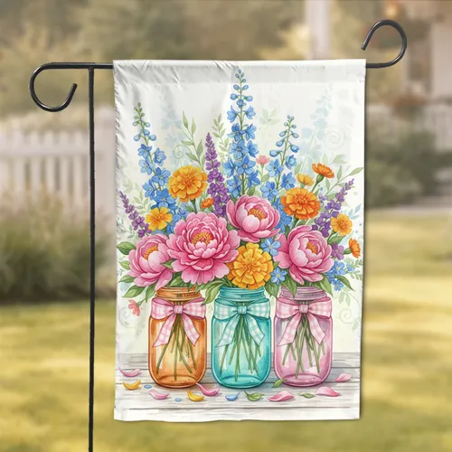 Peony Marigold Delphinium Wildflower Mason Jar Bouquet Farmhouse Decor Garden Flag