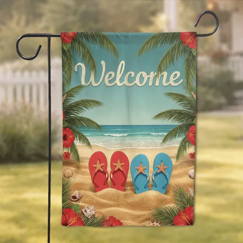 Welcome Flip Flops Seashells Tropical Beach - Home Decor Gift Garden Flag