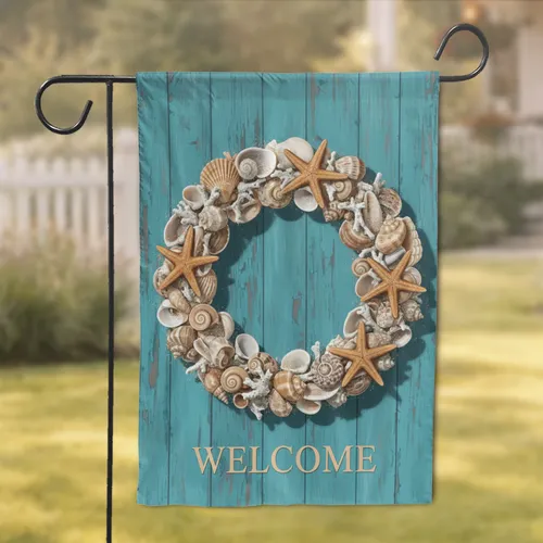 Seashell Starfish Wreath Welcome Sign Rustic Teal Wood - Coastal Home Decor Gift Garden Flag