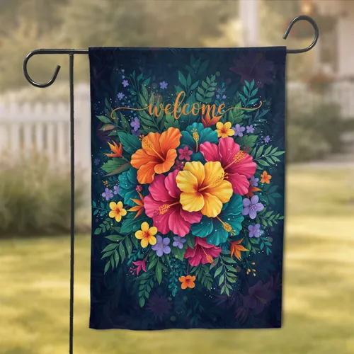 Vibrant Orange Pink Yellow Tropical Flowers Welcome - Lush Home Decor Gift Garden Flag
