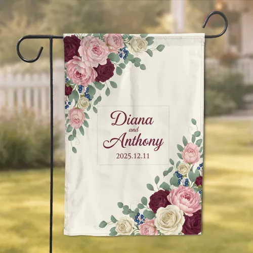 Custom Name and Date Peony Rose Floral Wedding Anniversary Celebration Garden Flag