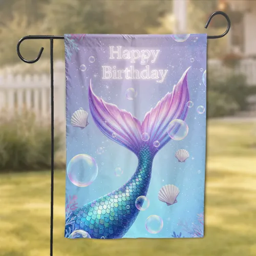 Mermaid Tail Bubbles Seashells Happy Birthday - Birthday Party Celebration Decor Garden Flag