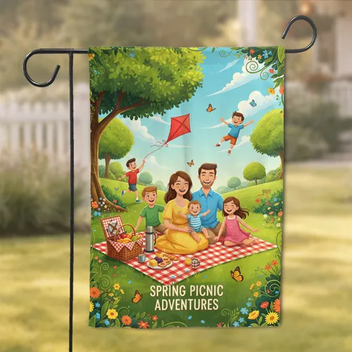 Family Picnic Children Flying Kite Wildflower Spring Park - Home Decor Gift Garden Flag