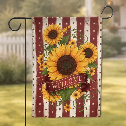Large Sunflower Welcome Banner Red Cream Stripes Stars - Home Decor Gift for Garden Lovers Garden Flag
