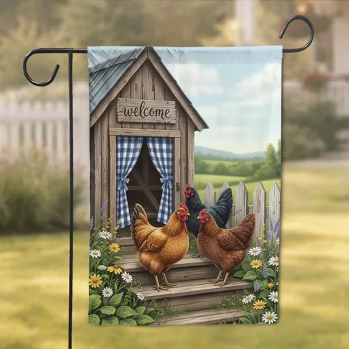 Farm Chickens Rustic Coop Welcome Sign - Farmhouse Decor Chicken Lover Gift Garden Flag