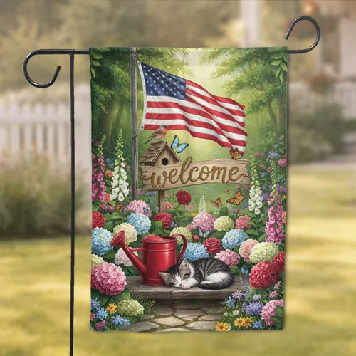 Welcome American Flag Kitten Watering Can Garden - Farmhouse Home Decor Gift Garden Flag