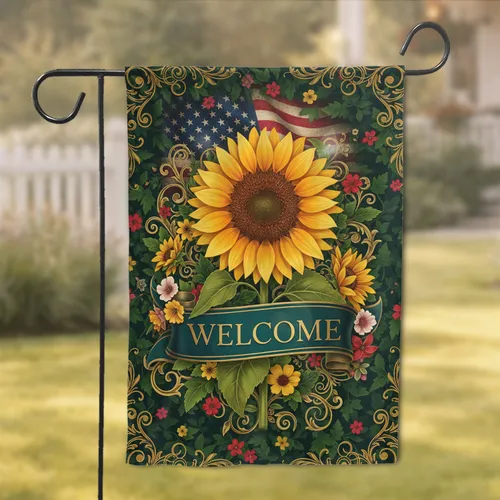 Large Sunflower Welcome Banner Vintage American Flag Floral Garden - Home Decor Gift Garden Flag