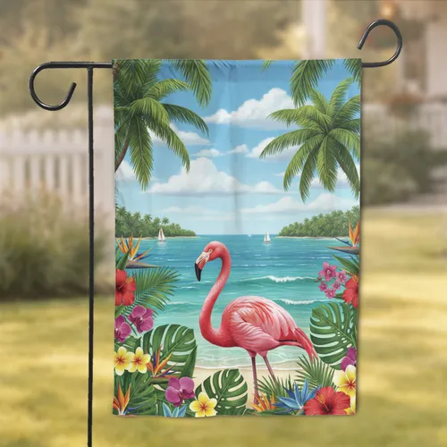 Pink Flamingo Tropical Seascape Palm Trees - Tropical Decor Gift Garden Flag