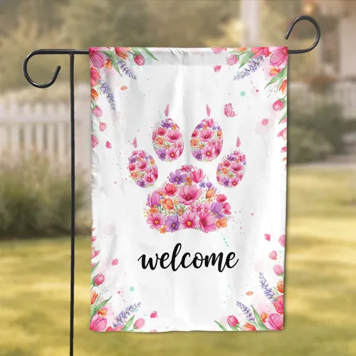 Paw Print Floral Welcome Calligraphy Butterflies - Spring Home Decor Gift Garden Flag