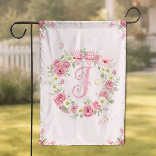 Pink Calligraphic Custom Letter Rose Daisy Wreath Gingham Bow Farmhouse Decor Gift Garden Flag