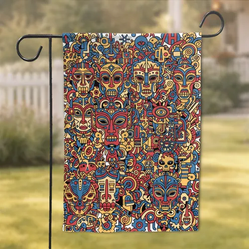 Skull Faces Tribal Masks Robotic Gears Glyphs Organic Shapes - Home Decor Gift Garden Flag