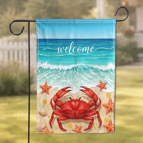 Red Crab Welcome Beach Ocean Starfish Shells - Summer Home Decor Gift Garden Flag