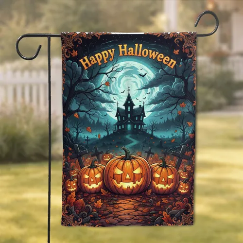 Happy Halloween Jack-o'-lanterns Haunted House Grave Markers - Spooky Halloween Decor Garden Flag