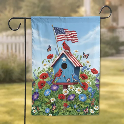 Patriotic Birdhouse American Flag Cardinals - Independence Day Home Decor Garden Flag