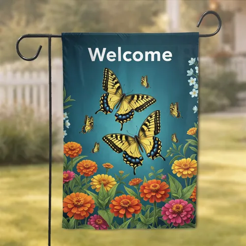 Welcome Swallows Butterflies Lush Garden Zinnias Marigolds - Everyday Home Decor Gift for Housewarming Garden Flag