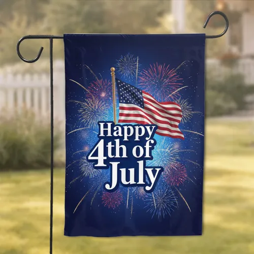 Happy 4th of July American Flag Fireworks - Independence Day Celebration Garden Flag