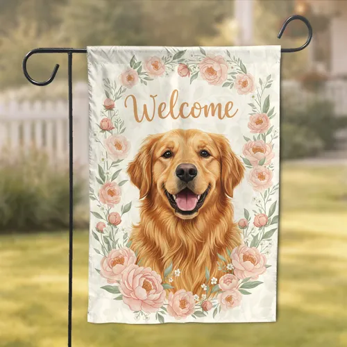 Golden Retriever Welcome Script Peonies - Home Decor Gift for Dog Lover Garden Flag