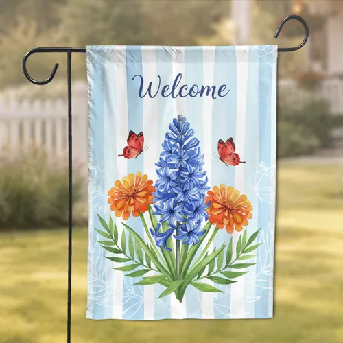Welcome Blue Hyacinth Orange Zinnia Butterflies - Home Decor Gift Garden Flag