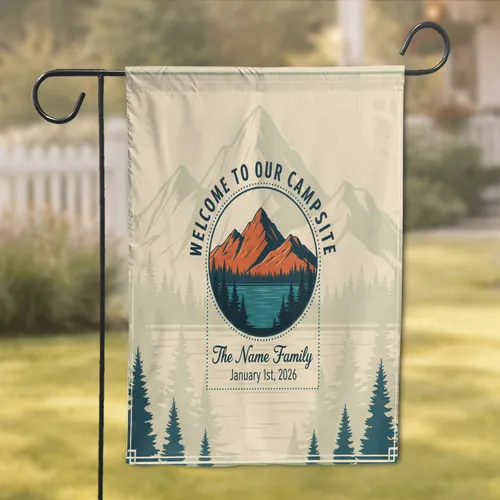 Custom Name and Year Camping Emblem Welcome Campsite Rugged Mountains Lake Pine Outdoor Living Decor Garden Flag