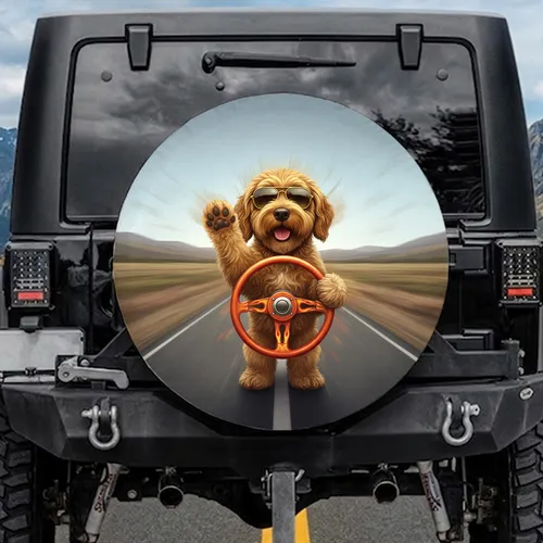 Happy Doodle Dog Sunglasses Steering Wheel Hot Rod Flames - Driving Lover Gift Spare Tire Cover