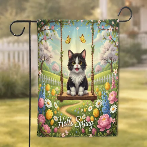Black White Kitten on Wooden Swing, Spring Flowers - Hello Spring Garden Decoration Garden Flag