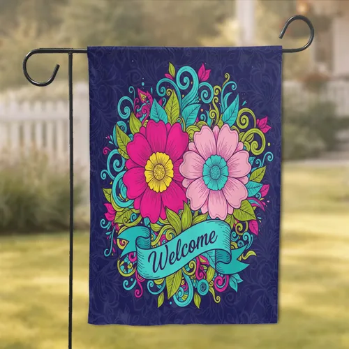 Fuchsia Pink Blooming Flowers Welcome - Psychedelic Floral Home Decor Gift Garden Flag