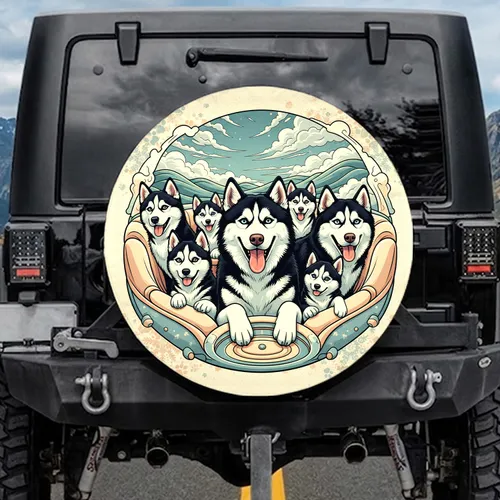 Six Grinning Siberian Huskies Dog Pack Expressive Eyes - Outdoor Vehicle Gift for Dog Lovers Spare Tire Cover