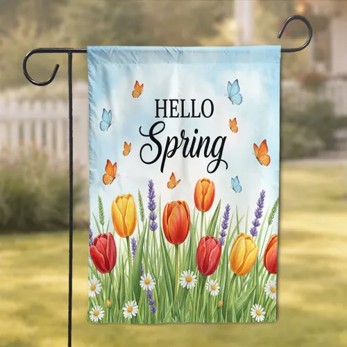 HELLO Spring Tulips Lavender Daisy Butterflies - Spring Home Decor Gift Garden Flag