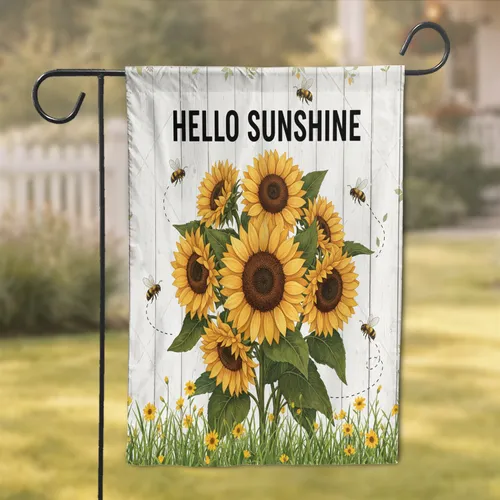 Hello Sunshine Sunflowers Honeybees Rustic Wood - Farmhouse Decor Gift Garden Flag
