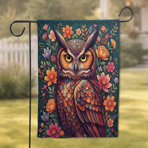 Majestic Golden-Eyed Owl Teal Orange Purple Floral - Wildlife Home Decor Gift Garden Flag