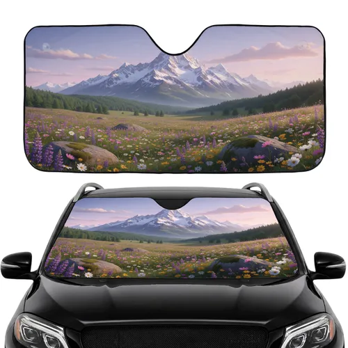 Snow-capped Mountain Wildflower Meadow Verdant Hills - Road Trip Gift for Nature Lovers Car Sunshade