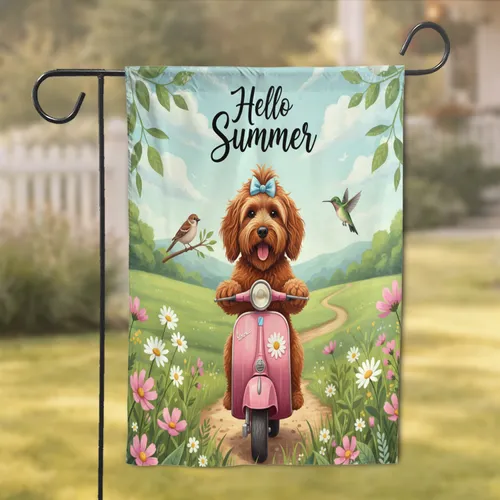Goldendoodle Dog Scooter Hello Summer Wildflowers Birds - Summer Home Decor Gift for Dog Lovers Garden Flag