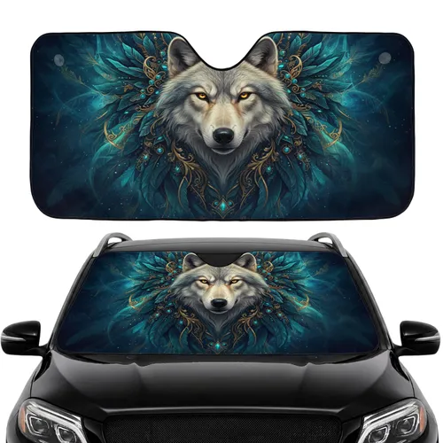 Majestic Wolf Head Feather Filigree - Road Trip Travel Accessory for Wildlife Lovers Car Sunshade