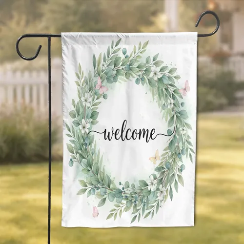 Welcome Script Lush Green Foliage Eucalyptus Berries Pastel Butterflies - Home Decor Gift Garden Flag