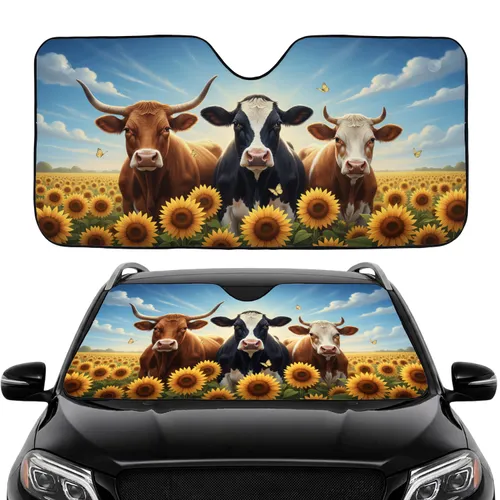 Three Cows Golden Sunflowers Blue Sky - Road Trip Gift for Cow Lover Car Sunshade