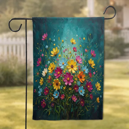 Expansive Cosmos Flowers Floral Field Deep Teal Background - Home & Garden Decor Gift Garden Flag