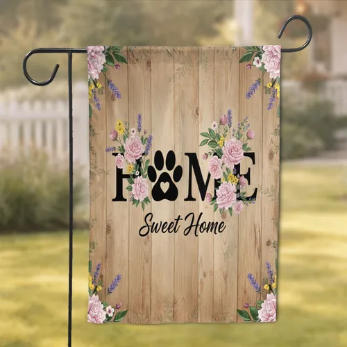 HOME Paw Print Peony Wildflower Rustic Wood - Home Decor Gift for Pet Lovers & Garden Fans Garden Flag