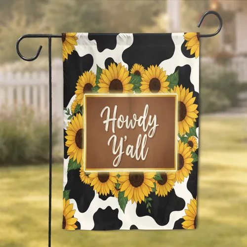 Howdy Y'all Sunflowers Cowhide - Modern Country Farmhouse Home Decor Garden Flag