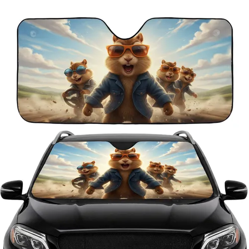 Four Excited Chipmunks Sunglasses Denim Jackets Speeding - Road Trip Gift Car Sunshade