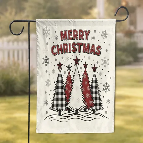Merry Christmas Buffalo Plaid Snowflake Trees - Festive Home Decor Garden Flag