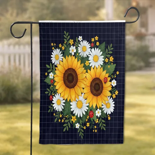 Floral Garden Golden Sunflowers White Daisies Ladybugs - Nature Lover Home Decor Gift Garden Flag