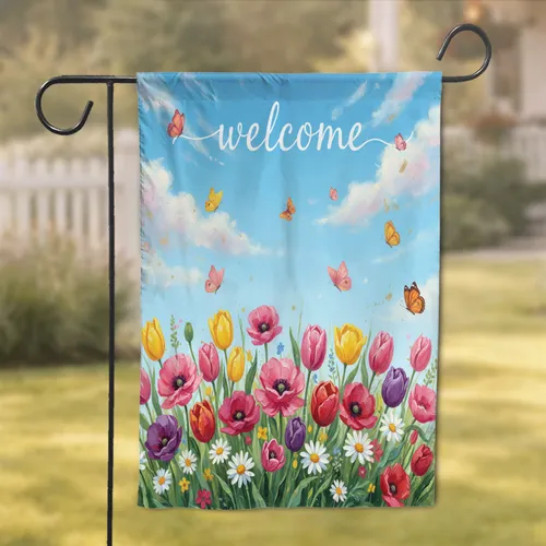 Spring Summer Flowers Tulips Poppies Daisies Butterflies Welcome - Home Decor Gift Garden Flag