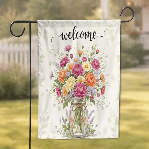 Chrysanthemum Daisy Welcome Floral Bouquet Mason Jar - Farmhouse Decor Gift Garden Flag