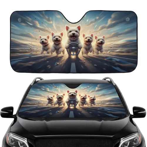 Six Fluffy Terrier Dogs Driving Highway Adventure - Road Trip Gift for Pet Lovers Car Sunshade