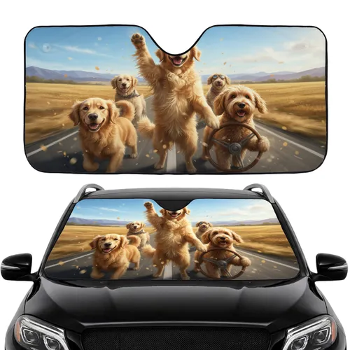 Joyful Golden Retriever Goldendoodle Dogs - Road Trip Car Accessory Car Sunshade