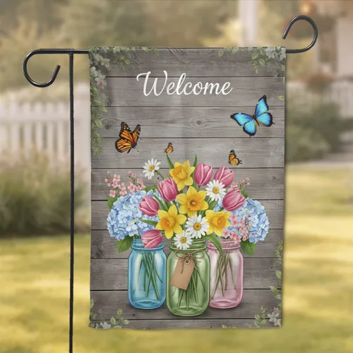 Mason Jar Spring Bouquet Welcome Barnwood - Farmhouse Decor Garden Flag